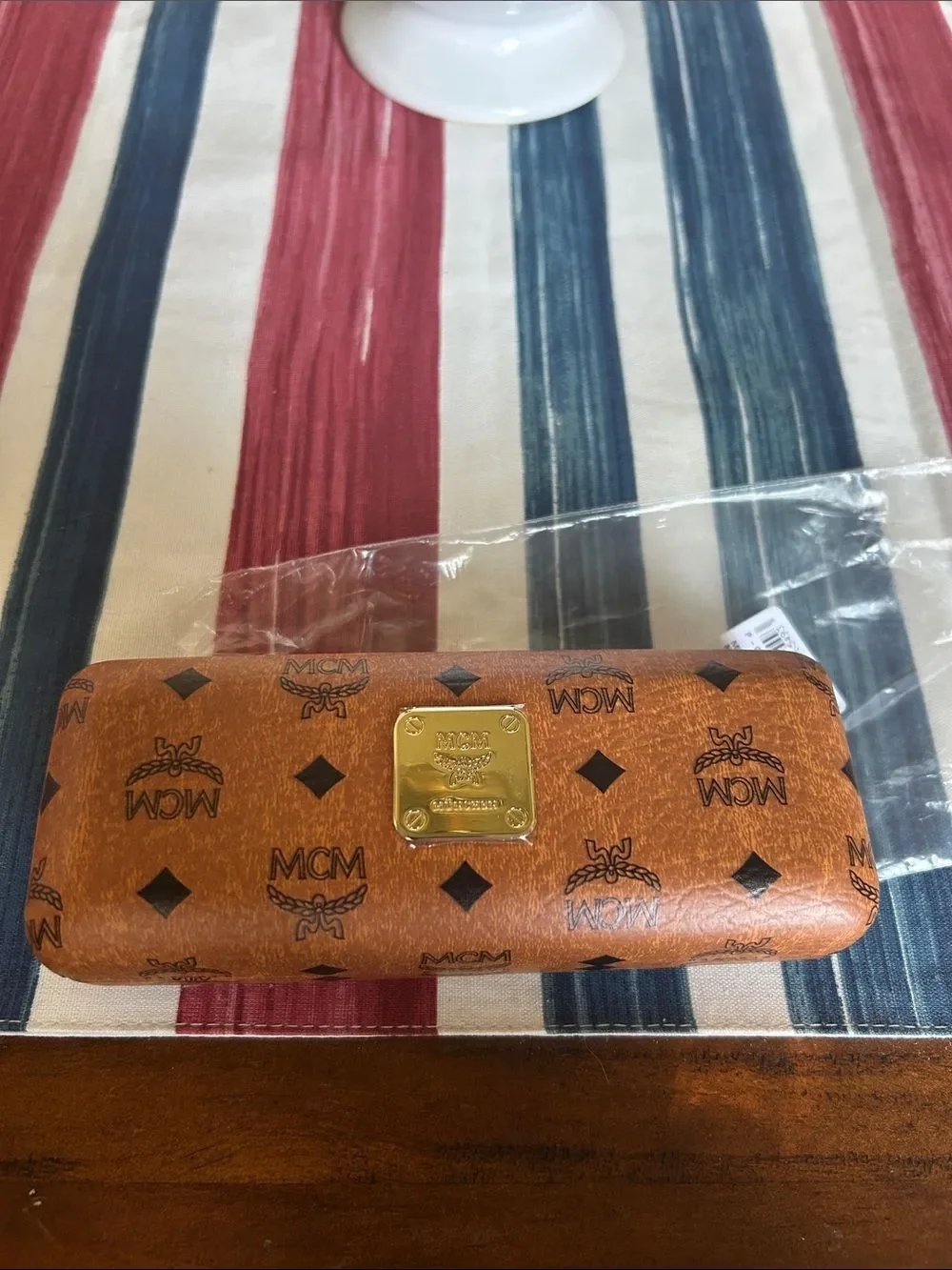 MCM aviator glasses with Cognac Logo Leather Eyewear Case with Gold Plaque new